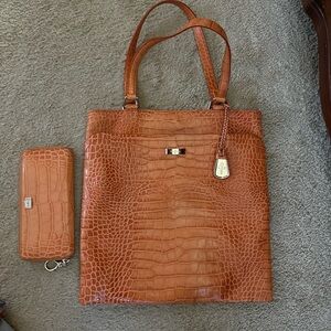 Cole Haan orange, croc, leather large bag with matching large zip wallet